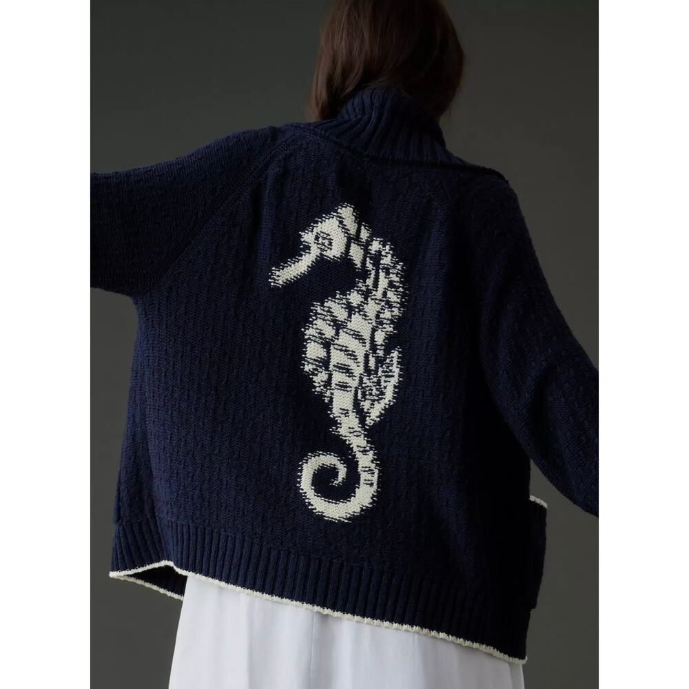 Maeve Seahorse Cardigan Navy Button Sweater Size M